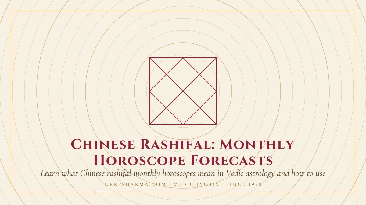 Chinese Rashifal: Monthly Horoscope Forecasts — a Vedic birth-chart (kundli) diagram motif on a parchment plate
