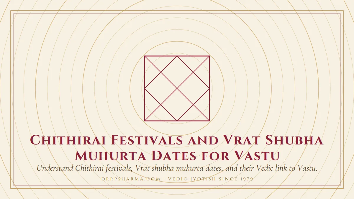 Chithirai Festivals and Vrat Shubha Muhurta Dates for Vastu — a Vedic birth-chart (kundli) diagram motif on a parchment plate