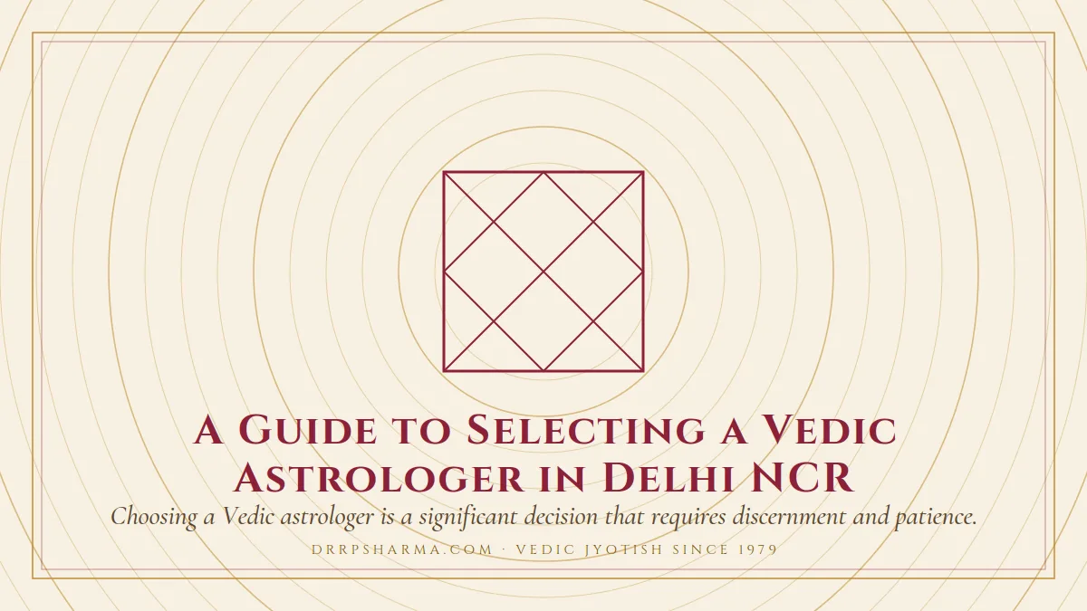 A Guide to Selecting a Vedic Astrologer in Delhi NCR — a Vedic birth-chart (kundli) diagram motif on a parchment plate