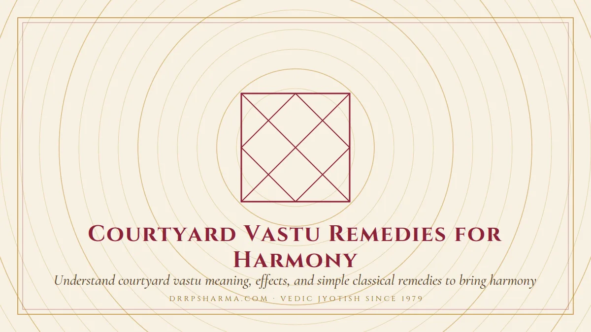 Courtyard Vastu Remedies for Harmony — a Vedic birth-chart (kundli) diagram motif on a parchment plate