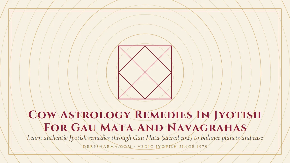 Cow Astrology Remedies In Jyotish For Gau Mata And Navagrahas — a Vedic birth-chart (kundli) diagram motif on a parchment plate