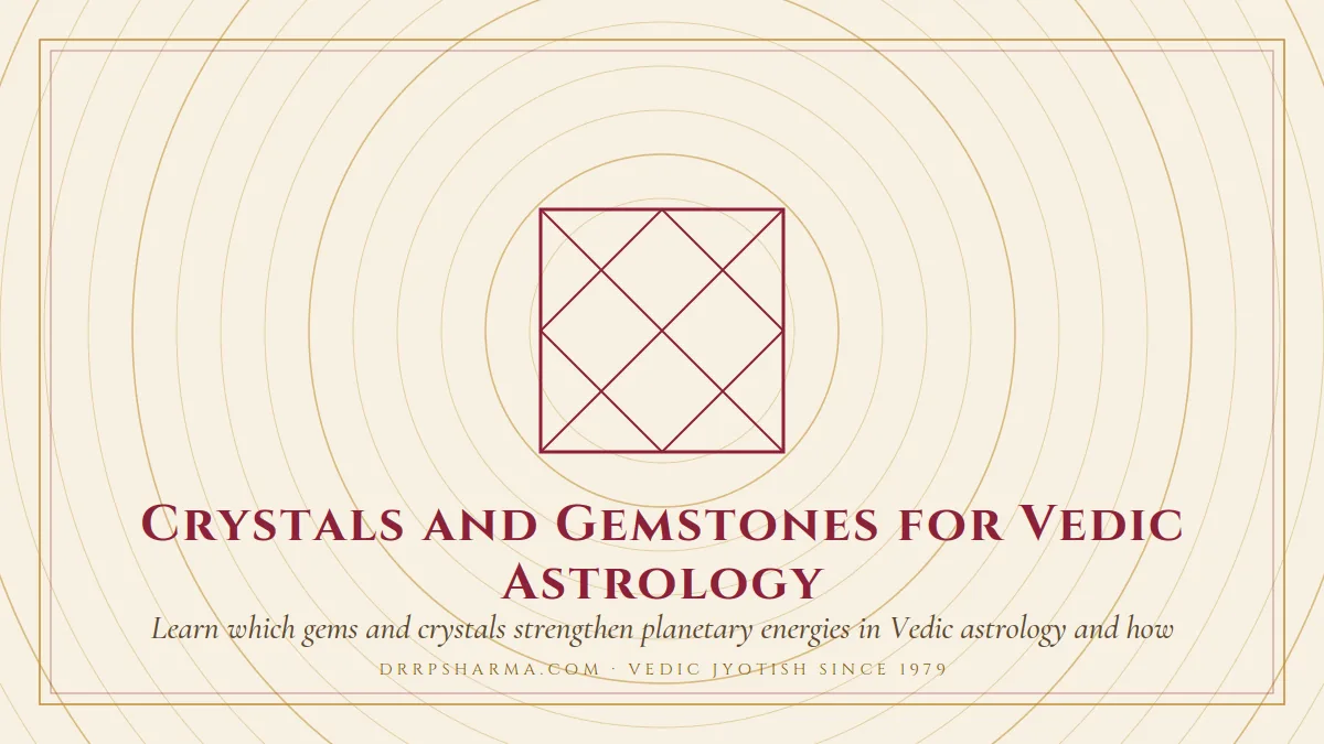 Crystals and Gemstones for Vedic Astrology — a Vedic birth-chart (kundli) diagram motif on a parchment plate