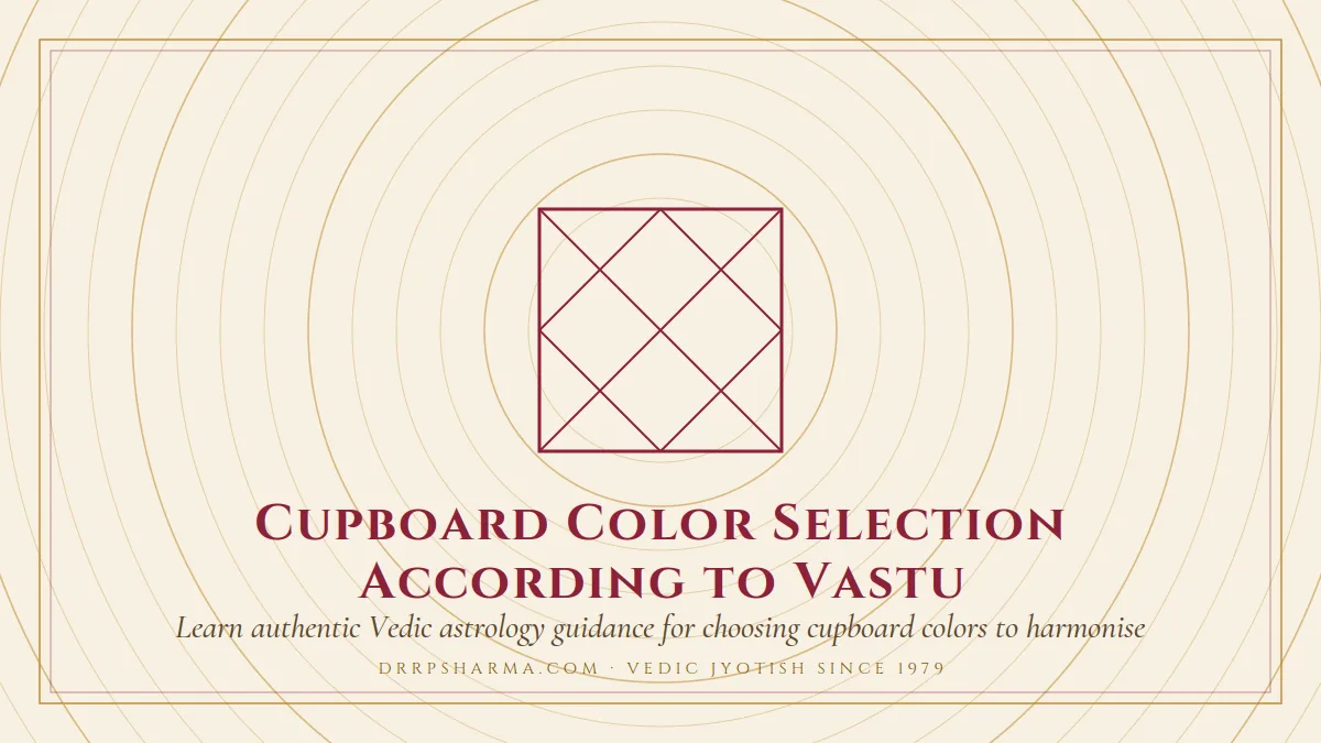 Cupboard Color Selection According to Vastu — a Vedic birth-chart (kundli) diagram motif on a parchment plate