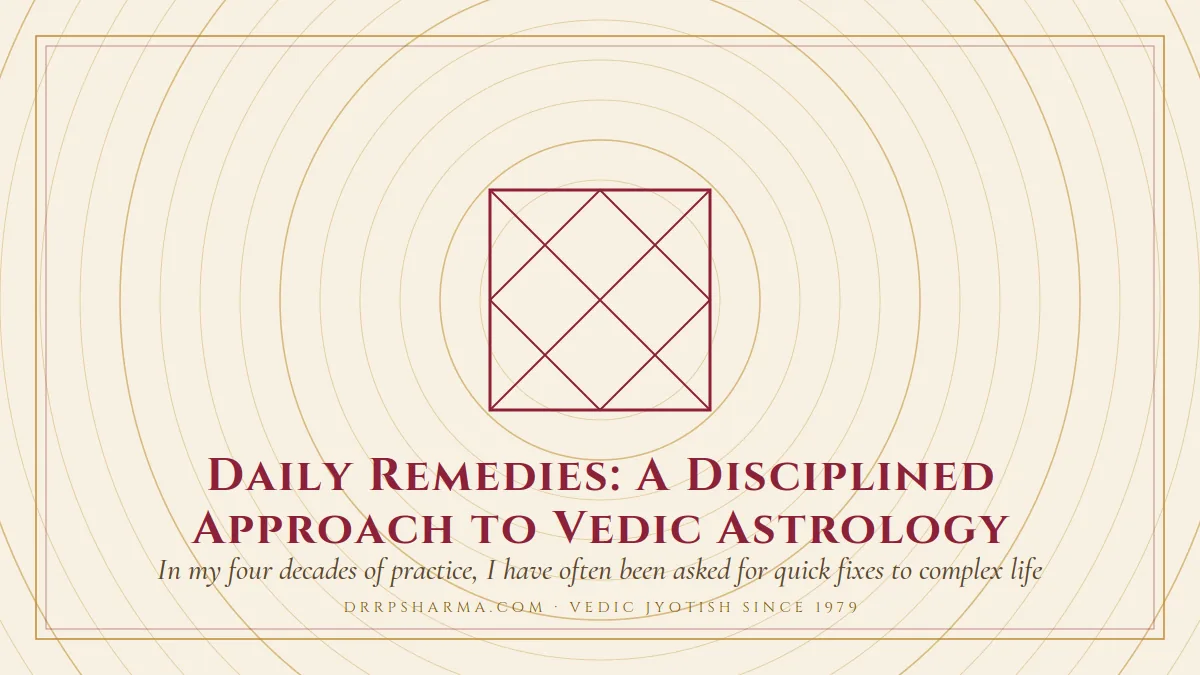 Daily Remedies: A Disciplined Approach to Vedic Astrology — a Vedic birth-chart (kundli) diagram motif on a parchment plate