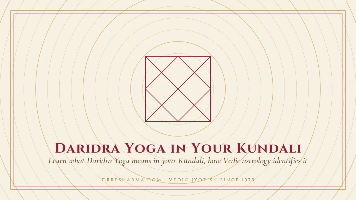 Daridra Yoga in Your Kundali — a Vedic birth-chart (kundli) diagram motif on a parchment plate
