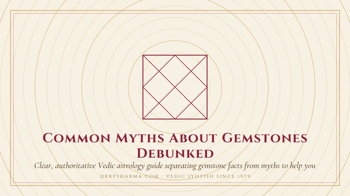 Common Myths About Gemstones Debunked — a Vedic birth-chart (kundli) diagram motif on a parchment plate