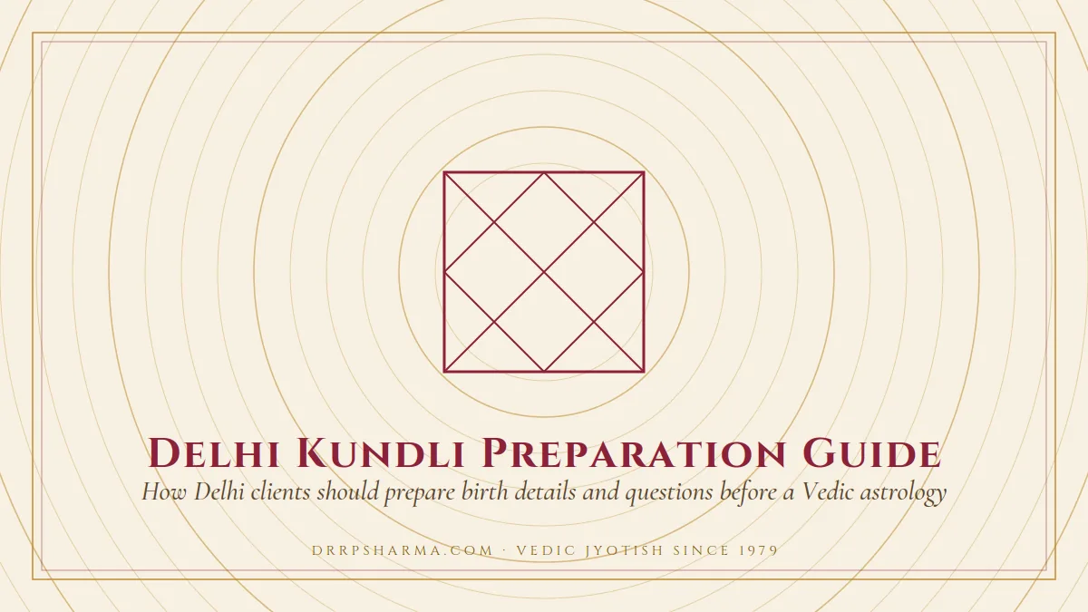 Delhi Kundli Preparation Guide — a Vedic birth-chart (kundli) diagram motif on a parchment plate
