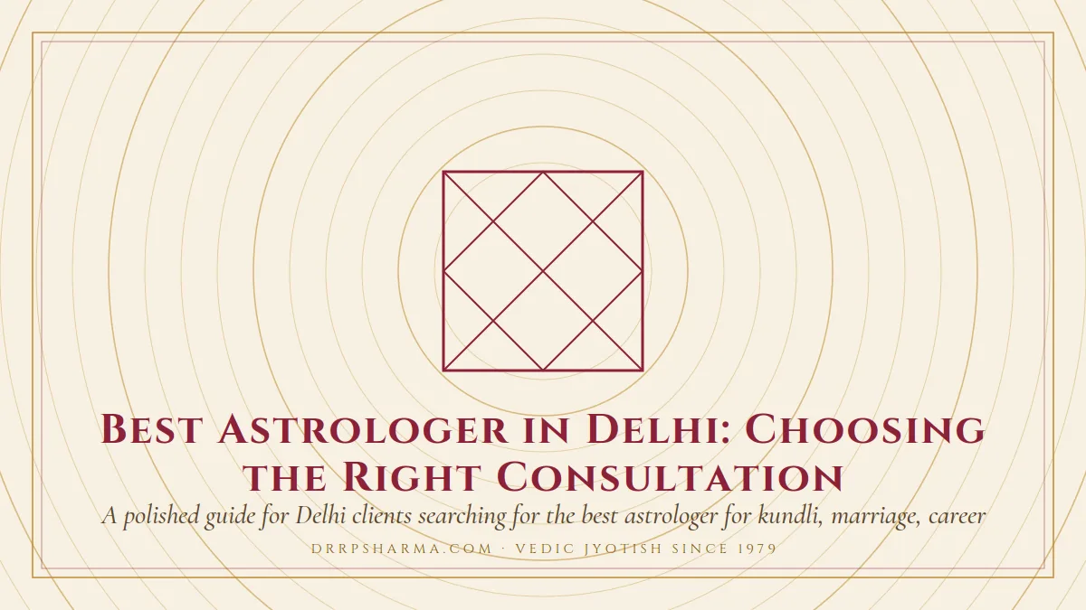 Best Astrologer in Delhi: Choosing the Right Consultation — a Vedic birth-chart (kundli) diagram motif on a parchment plate