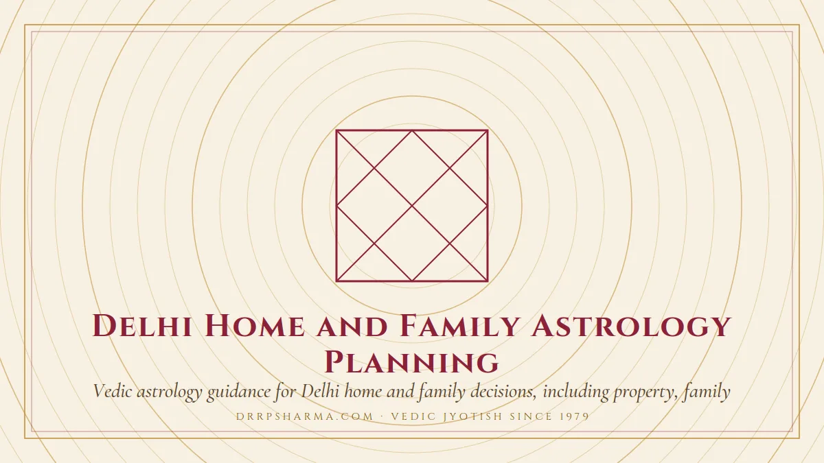 Delhi Home and Family Astrology Planning — a Vedic birth-chart (kundli) diagram motif on a parchment plate