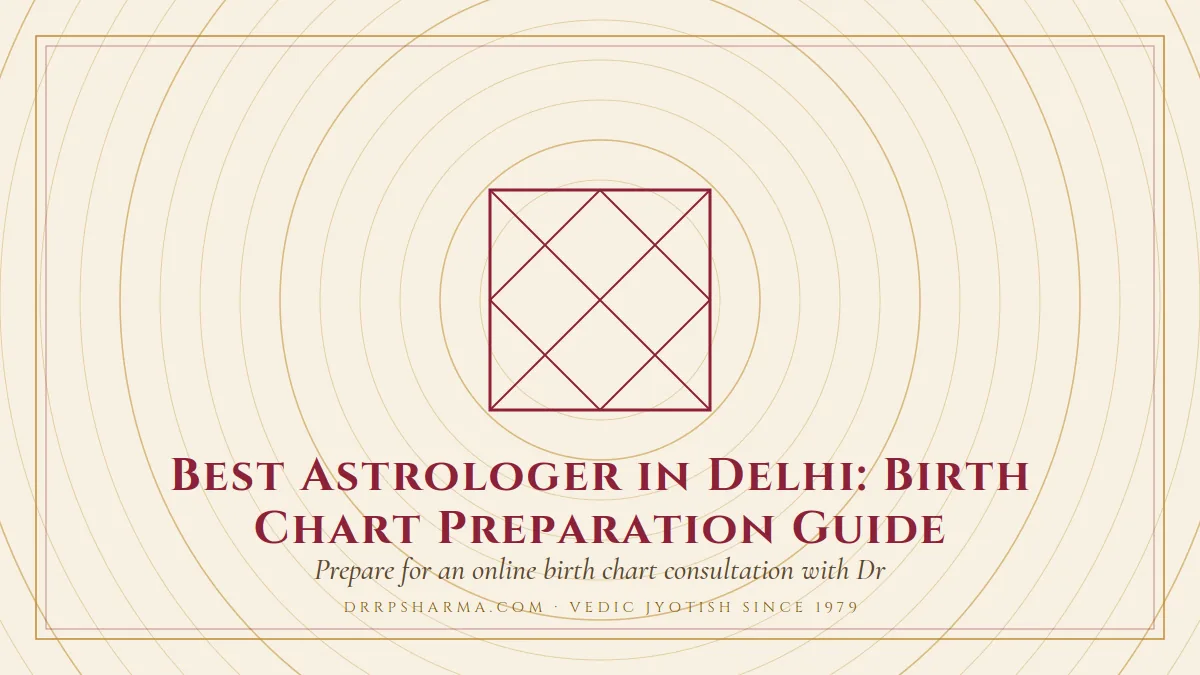 Best Astrologer in Delhi: Birth Chart Preparation Guide — a Vedic birth-chart (kundli) diagram motif on a parchment plate