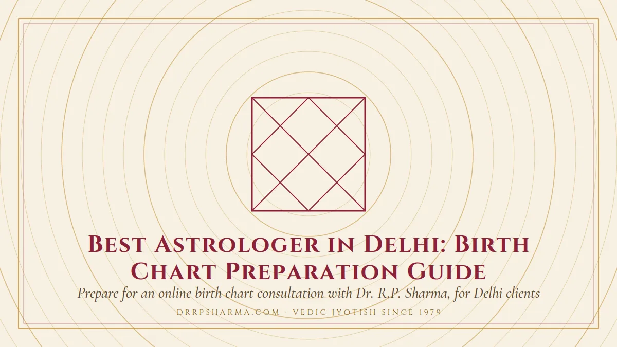 Best Astrologer in Delhi: Birth Chart Preparation Guide — a Vedic birth-chart (kundli) diagram motif on a parchment plate