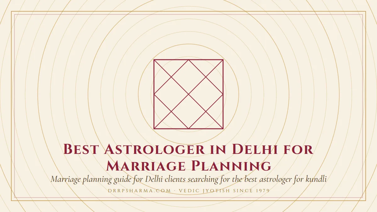 Best Astrologer in Delhi for Marriage Planning — a Vedic birth-chart (kundli) diagram motif on a parchment plate
