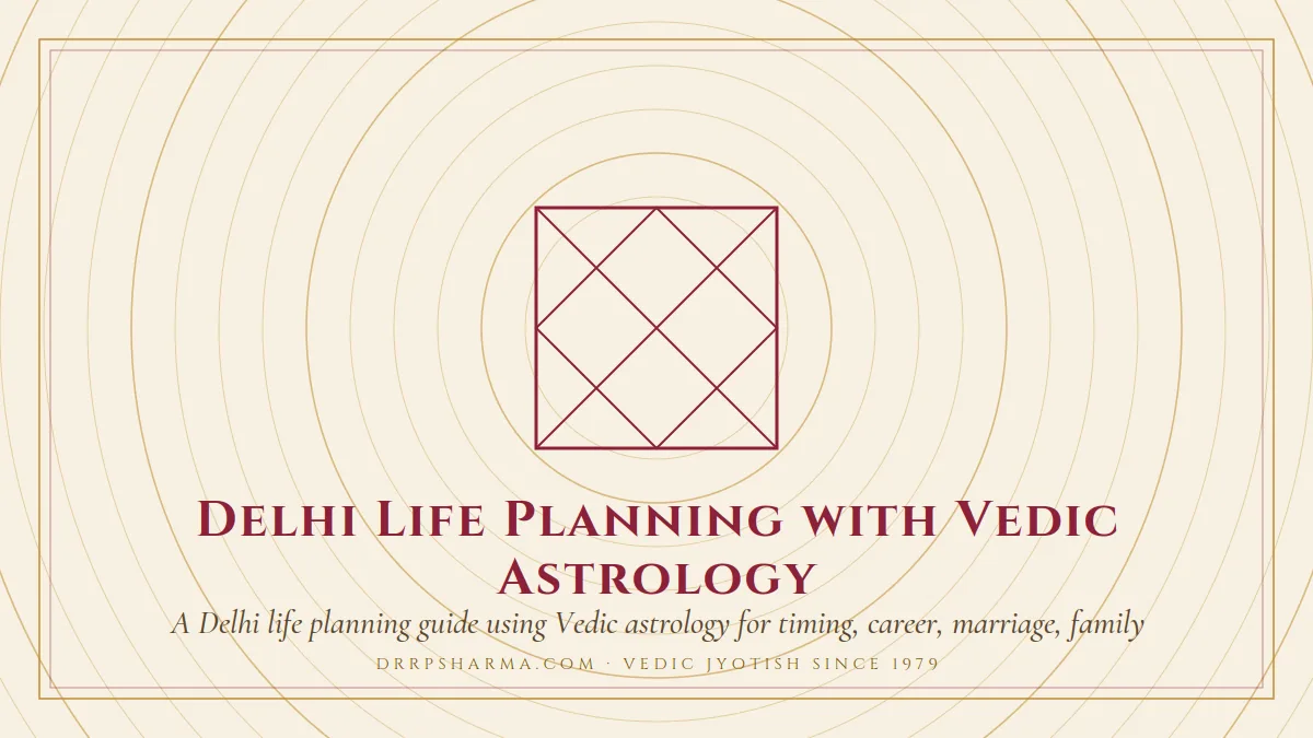 Delhi Life Planning with Vedic Astrology — a Vedic birth-chart (kundli) diagram motif on a parchment plate