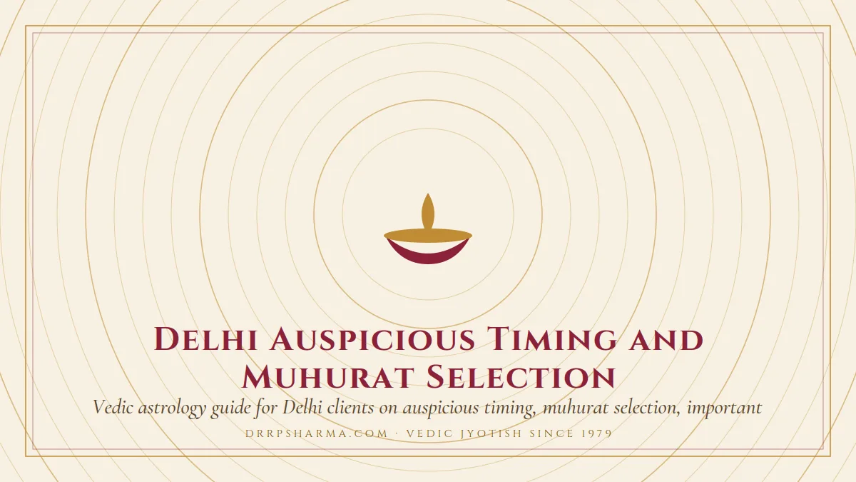 Delhi Auspicious Timing and Muhurat Selection — a lit diya lamp motif on a parchment plate