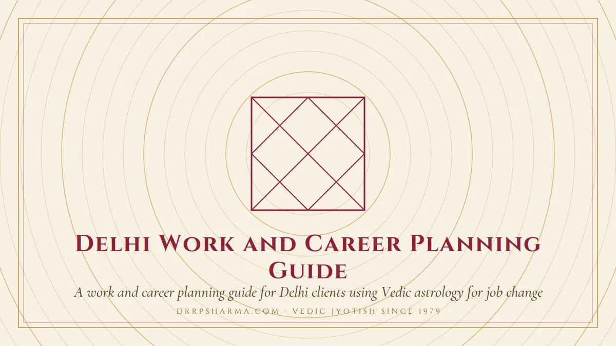 Delhi Work and Career Planning Guide — a Vedic birth-chart (kundli) diagram motif on a parchment plate