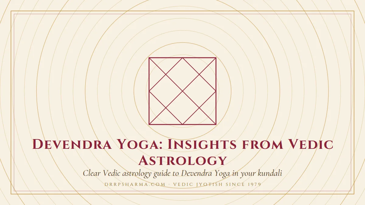 Devendra Yoga — a Vedic birth-chart (kundli) diagram motif on a parchment plate