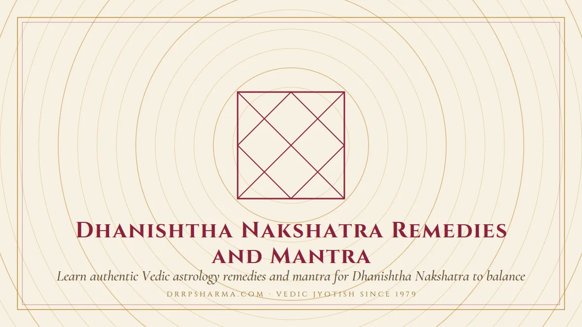 Dhanishtha Nakshatra Remedies and Mantra — a Vedic birth-chart (kundli) diagram motif on a parchment plate