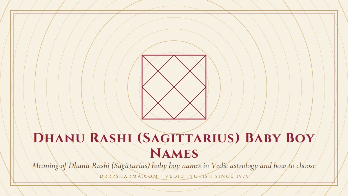 Dhanu Rashi (Sagittarius) Baby Boy Names — a Vedic birth-chart (kundli) diagram motif on a parchment plate