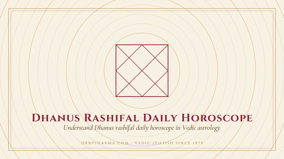 Dhanus Rashifal Daily Horoscope — a Vedic birth-chart (kundli) diagram motif on a parchment plate