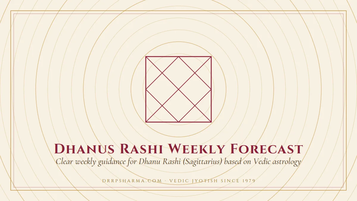 Dhanus Rashi Weekly Forecast — a Vedic birth-chart (kundli) diagram motif on a parchment plate
