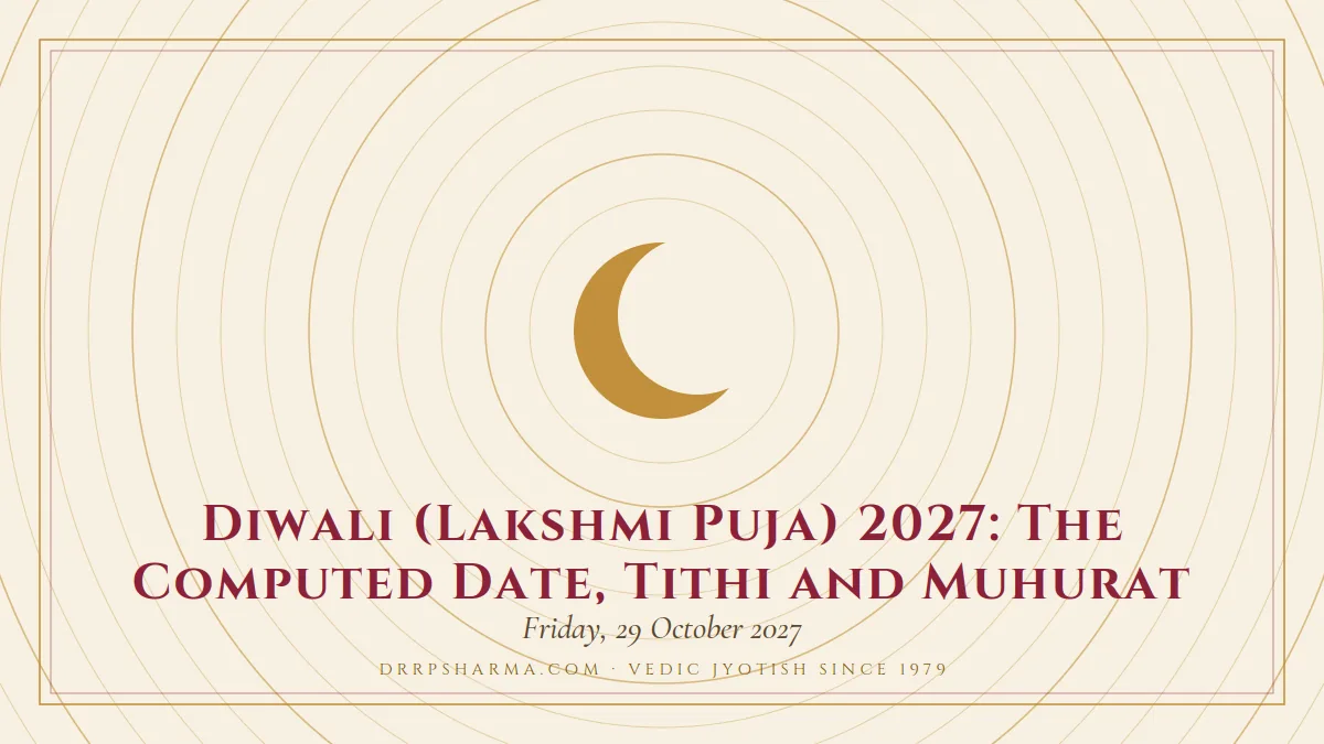 Diwali (Lakshmi Puja) 2027: The Computed Date, Tithi and Muhurat — a gold crescent-moon motif on a parchment plate
