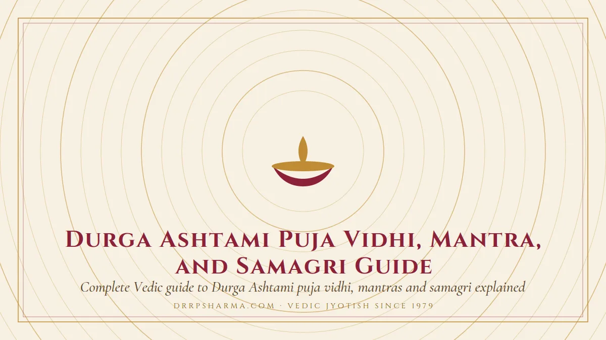 Durga Ashtami Puja Vidhi, Mantra, and Samagri Guide — a lit diya lamp motif on a parchment plate
