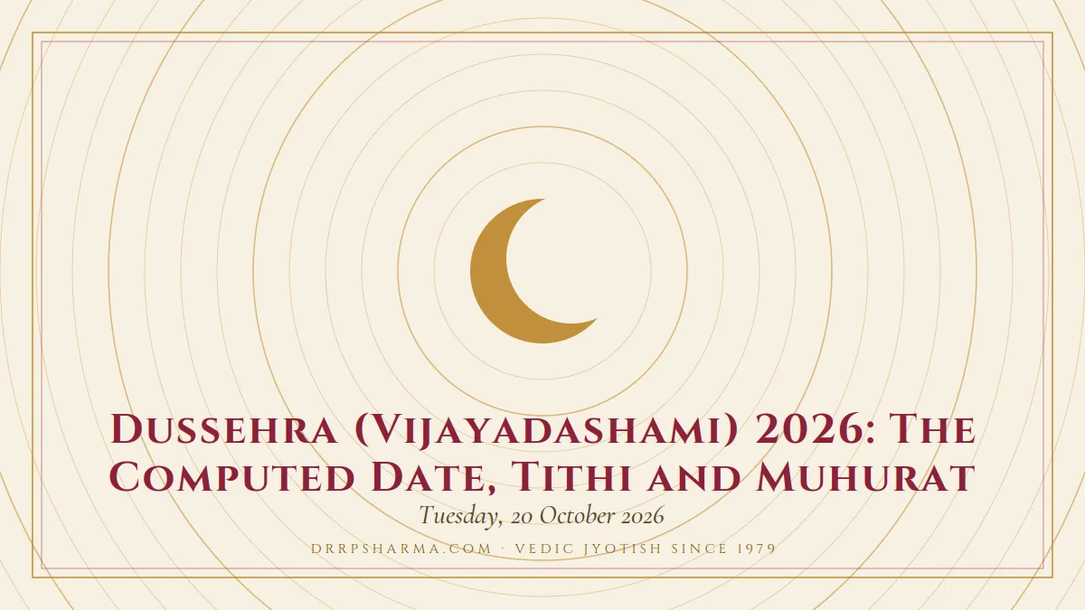 Dussehra (Vijayadashami) 2026: The Computed Date, Tithi and Muhurat — a gold crescent-moon motif on a parchment plate