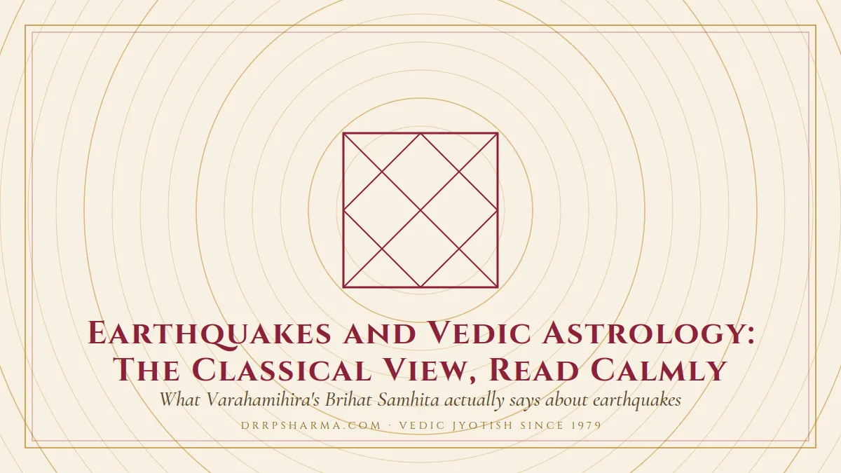 Earthquakes and Vedic Astrology: The Classical View, Read Calmly — a Vedic birth-chart (kundli) diagram motif on a parchment plate