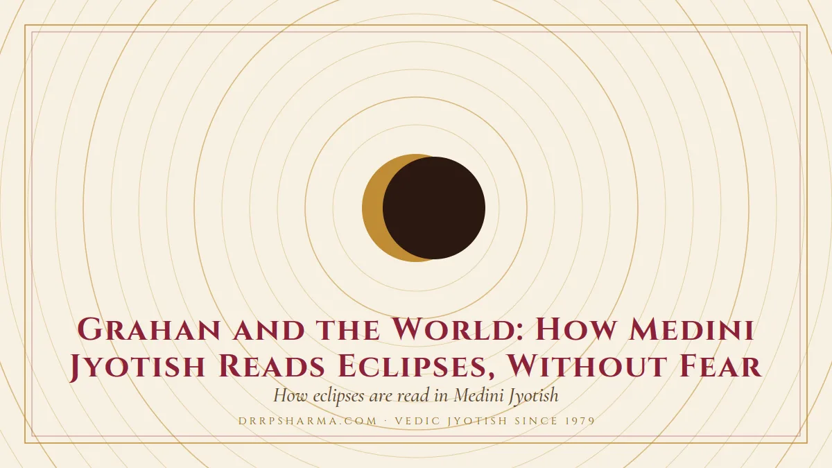 Grahan and the World: How Medini Jyotish Reads Eclipses, Without Fear — an eclipse motif on a parchment plate