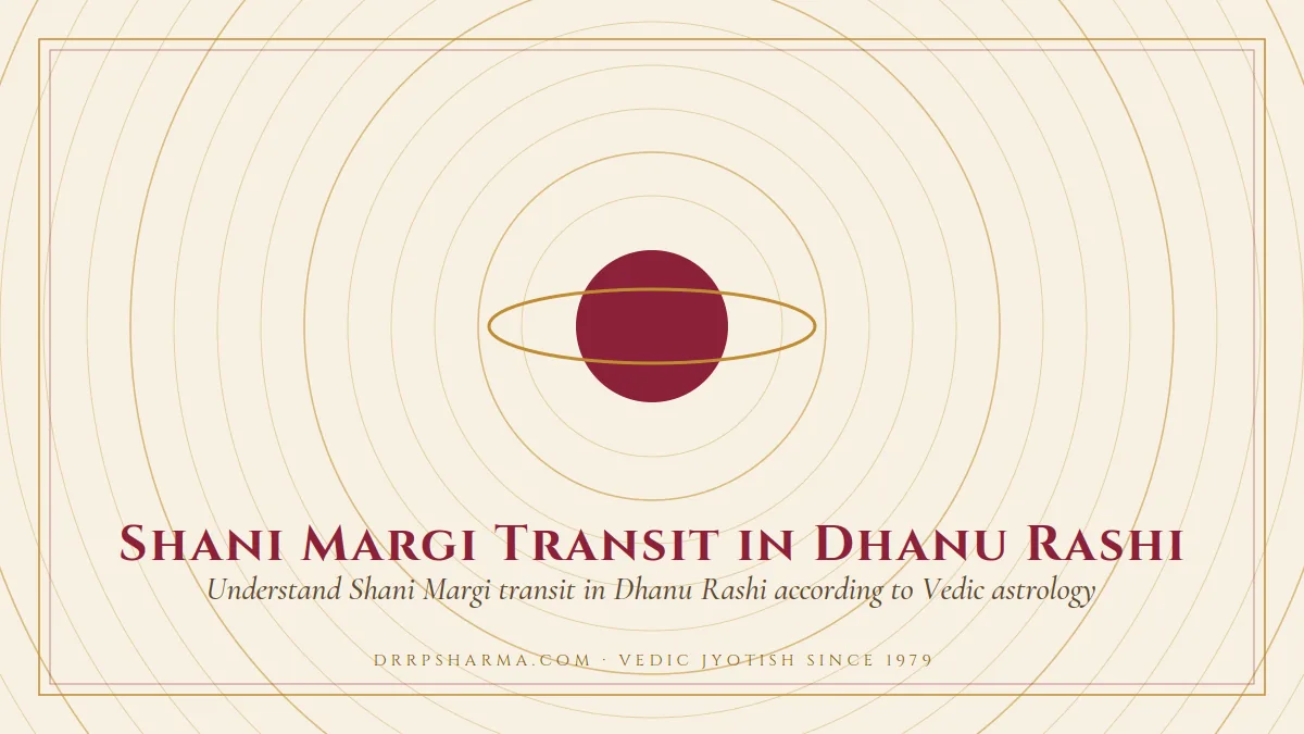 Shani Margi Transit in Dhanu Rashi — a ringed-planet motif on a parchment plate