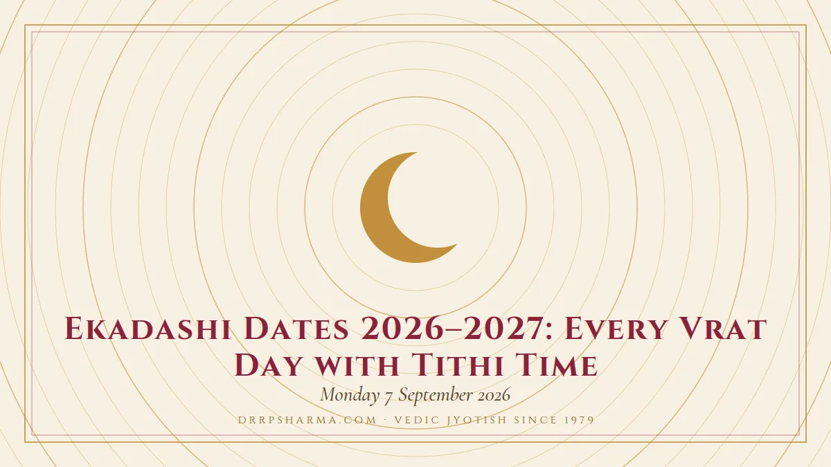 Ekadashi Dates 2026–2027: Every Vrat Day with Tithi Time — a gold crescent-moon motif on a parchment plate