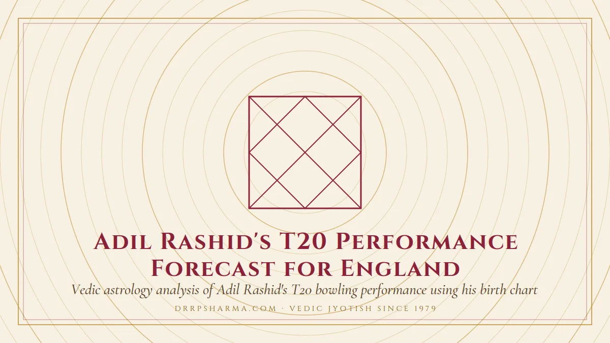 Adil Rashid's T20 Performance Forecast for England — a Vedic birth-chart (kundli) diagram motif on a parchment plate