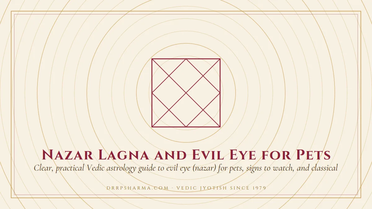 Nazar Lagna and Evil Eye for Pets — a Vedic birth-chart (kundli) diagram motif on a parchment plate