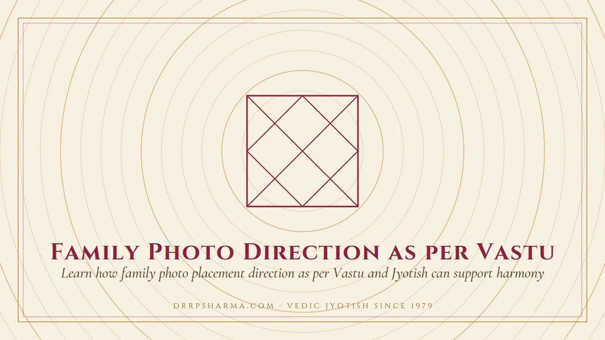Family Photo Direction as per Vastu — a Vedic birth-chart (kundli) diagram motif on a parchment plate