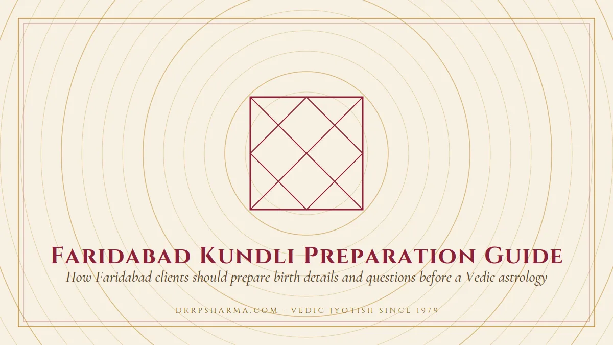 Faridabad Kundli Preparation Guide — a Vedic birth-chart (kundli) diagram motif on a parchment plate