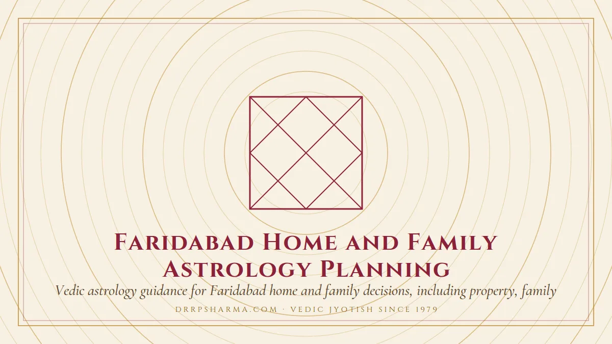 Faridabad Home and Family Astrology Planning — a Vedic birth-chart (kundli) diagram motif on a parchment plate
