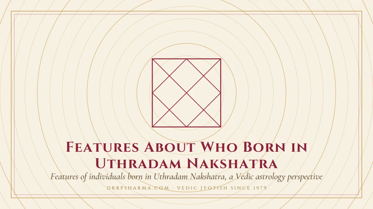 Features About Who Born in Uthradam Nakshatra — a Vedic birth-chart (kundli) diagram motif on a parchment plate