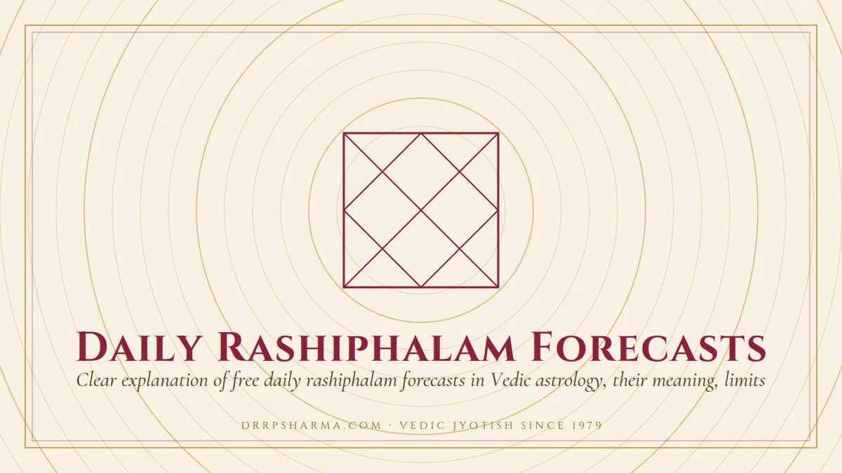 Daily Rashiphalam Forecasts — a Vedic birth-chart (kundli) diagram motif on a parchment plate
