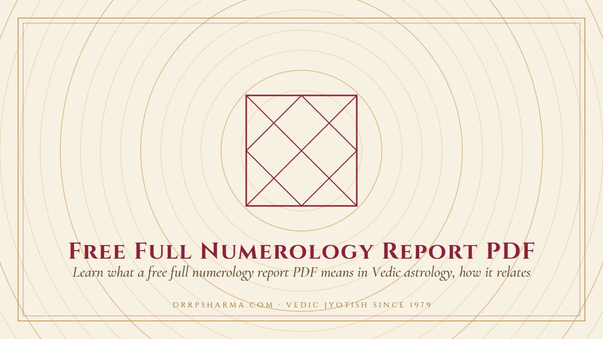 Free Full Numerology Report PDF — a Vedic birth-chart (kundli) diagram motif on a parchment plate