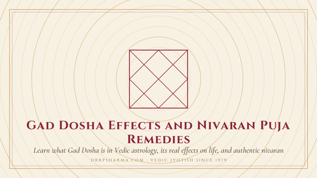 Gad Dosha Effects and Nivaran Puja Remedies — a Vedic birth-chart (kundli) diagram motif on a parchment plate
