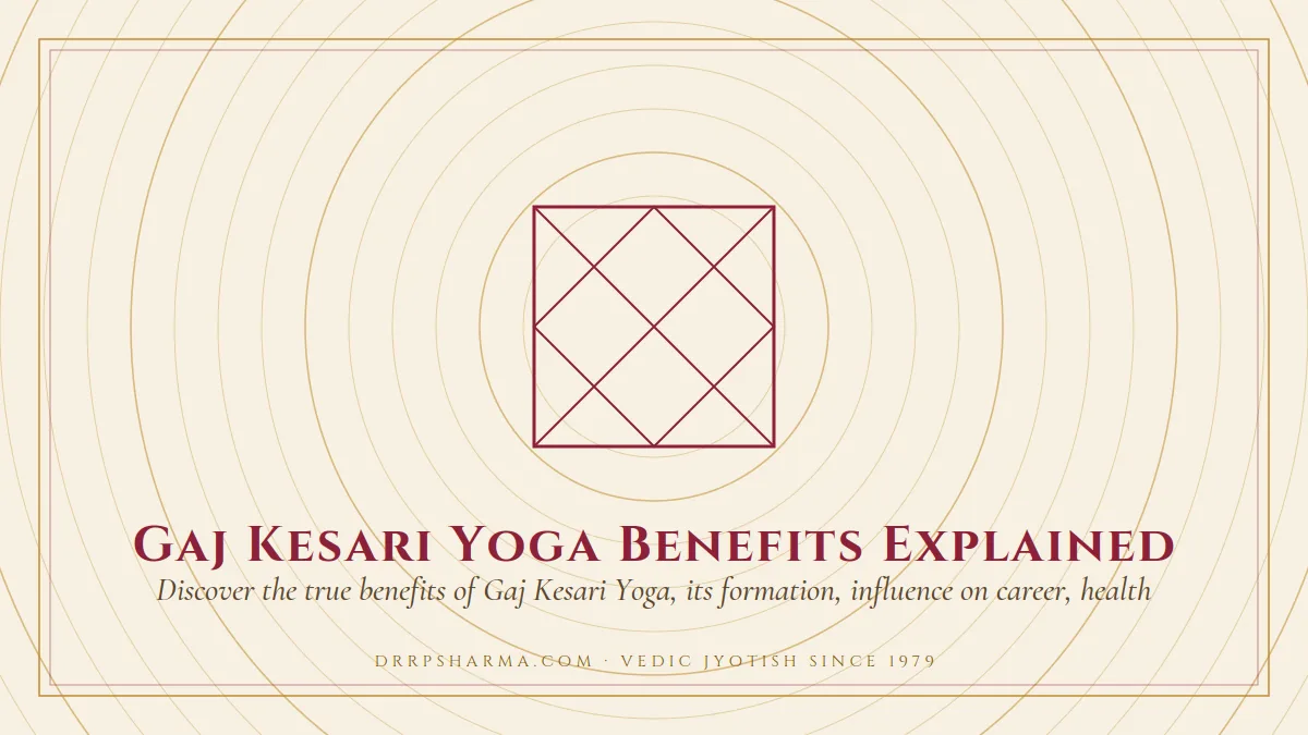 Gaj Kesari Yoga Benefits Explained — a Vedic birth-chart (kundli) diagram motif on a parchment plate
