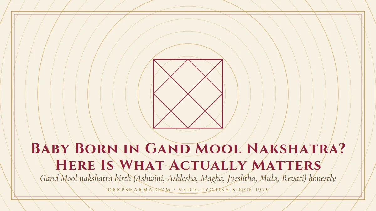 Baby Born in Gand Mool Nakshatra? Here Is What Actually Matters — a Vedic birth-chart (kundli) diagram motif on a parchment plate