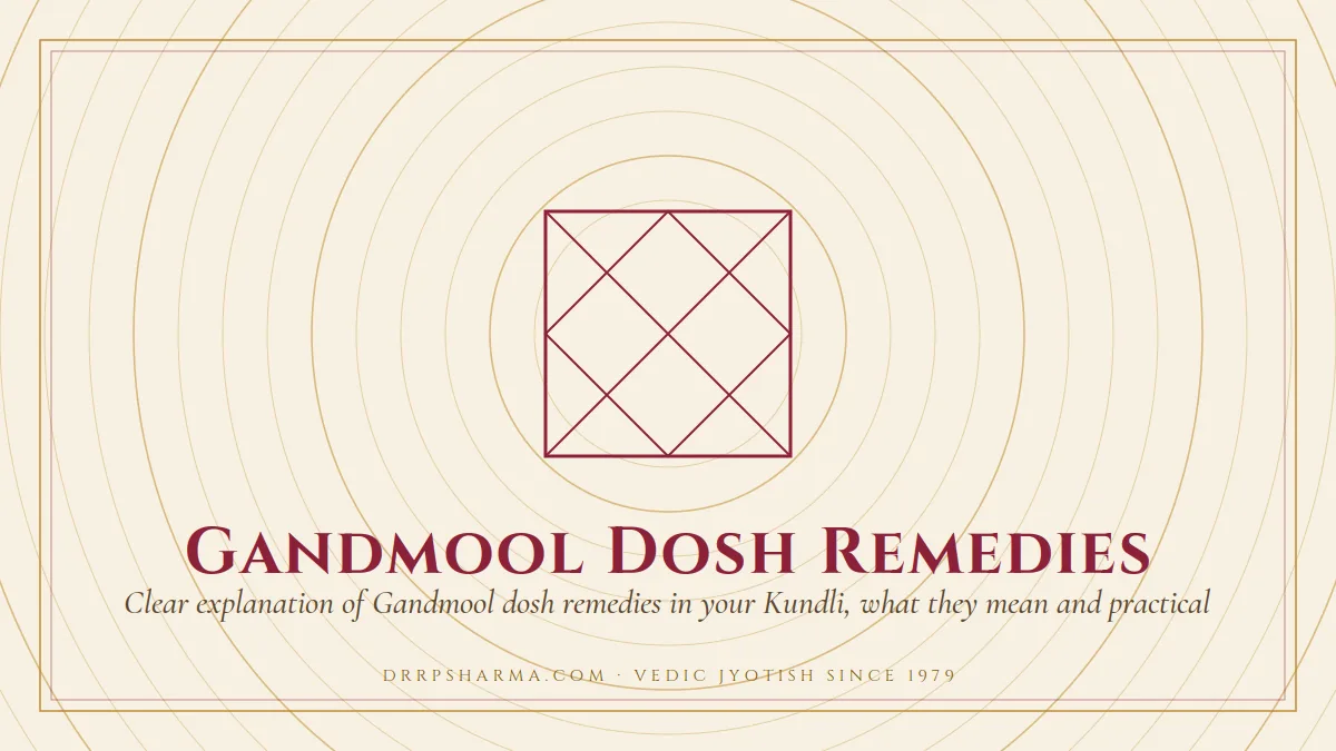 Gandmool Dosh Remedies — a Vedic birth-chart (kundli) diagram motif on a parchment plate