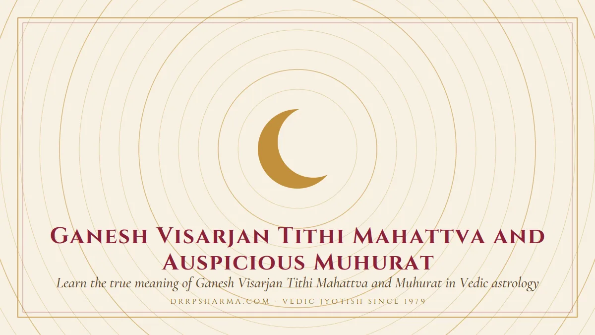 Ganesh Visarjan Tithi Mahattva and Auspicious Muhurat — a gold crescent-moon motif on a parchment plate