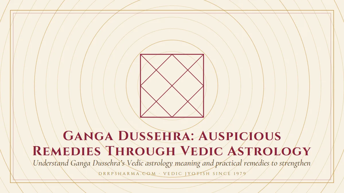 Ganga Dussehra: Auspicious Remedies Through Vedic Astrology — a Vedic birth-chart (kundli) diagram motif on a parchment plate