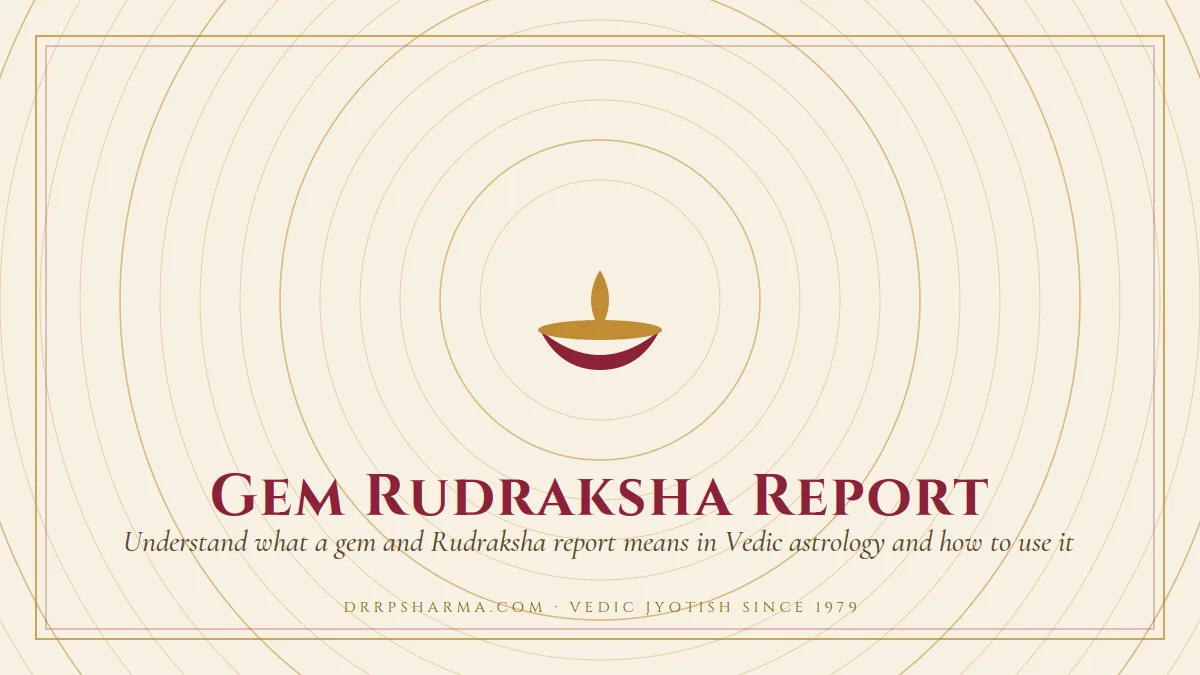 Gem Rudraksha Report — a lit diya lamp motif on a parchment plate