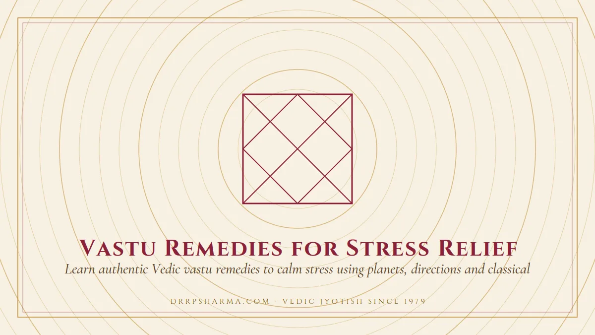 Vastu Remedies for Stress Relief — a Vedic birth-chart (kundli) diagram motif on a parchment plate
