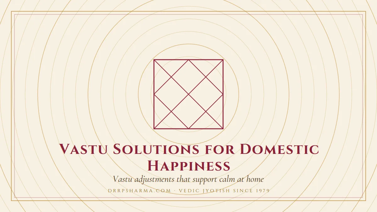 Vastu Solutions for Domestic Happiness — a Vedic birth-chart (kundli) diagram motif on a parchment plate