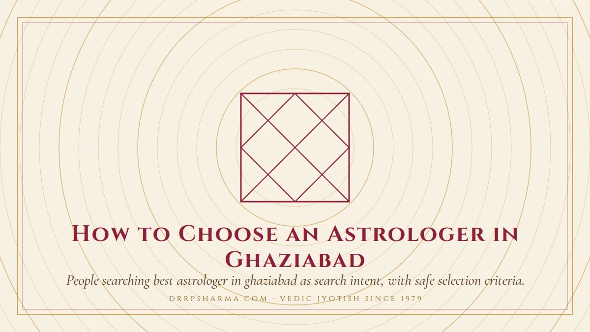 How to Choose an Astrologer in Ghaziabad — a Vedic birth-chart (kundli) diagram motif on a parchment plate