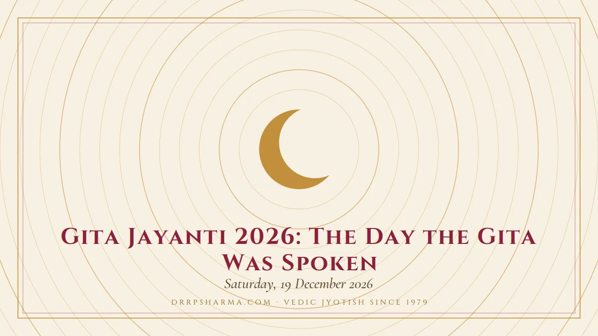 Gita Jayanti 2026: The Day the Gita Was Spoken — a gold crescent-moon motif on a parchment plate